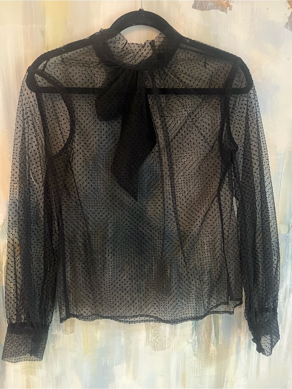 Black Sheer Flocked Polka Dot Tie-Neck Blouse Long Sleeve